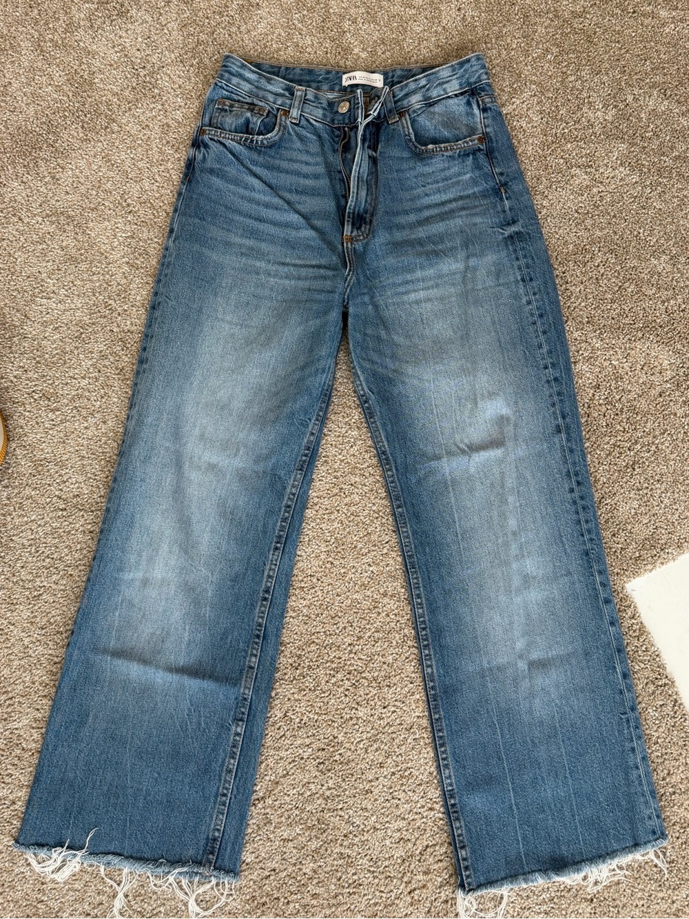 Zara Wide-Leg Frayed Hem Jeans in Medium Blue